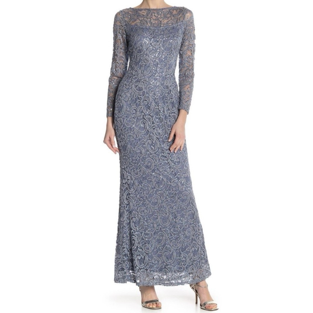 Marina Blue Gray Dress Sequin Lace Long Sleeve Formal Dress Gown 12 Wedding